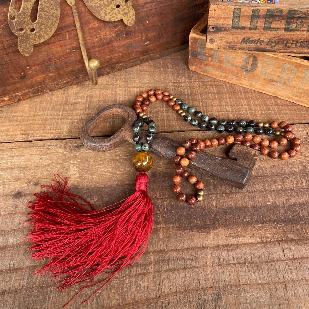 โจGREEN JASPER/ROSEWOOD/TIGER EYE MALA NECKLACE - Picture 9 of 16